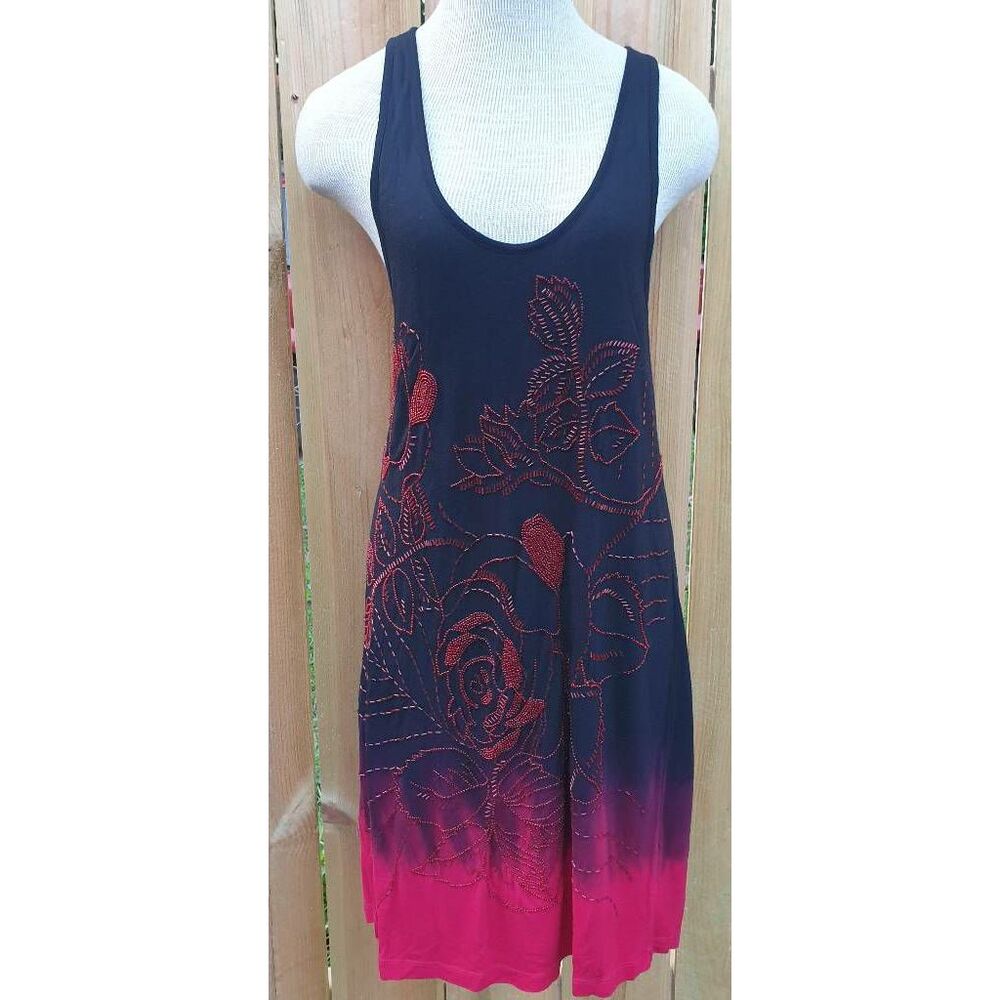 Y2K Bebe Addiction Womens Sheath Dress Black Red Floral Sleeveless Beads Artsy M